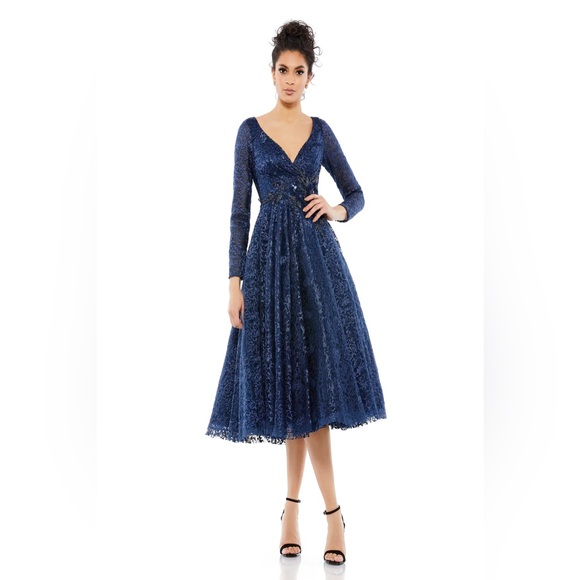 Mac Duggal Floral Waist Long Sleeve Dress